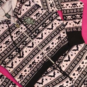 Dollskill GRAVE GIRLS 1X PINK/BLACK VELOUR BATS LONG SLEEVED ZIP HOODIE/PANTS